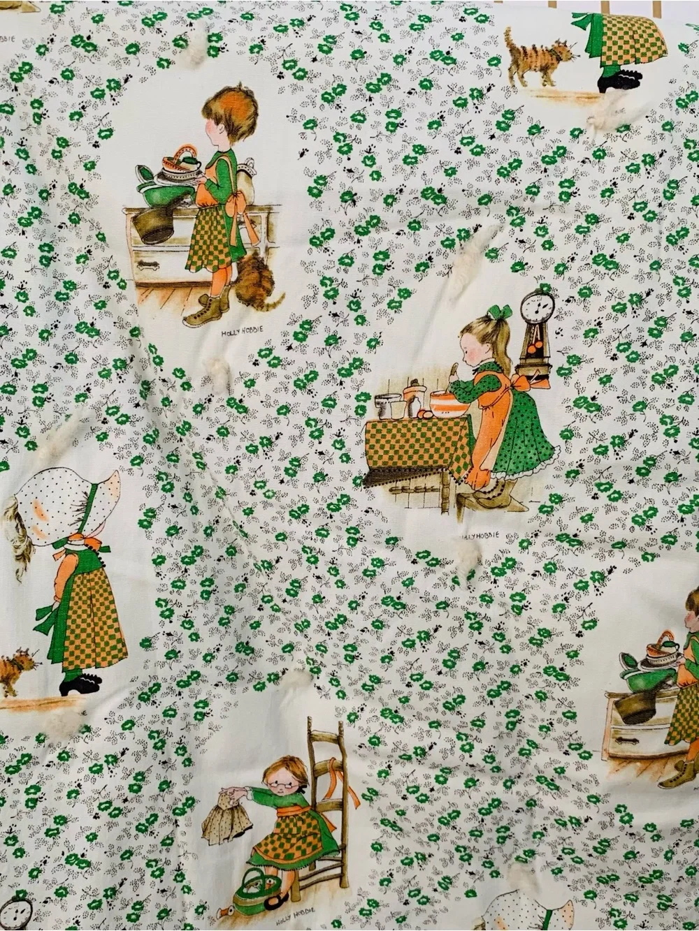 Vintage Holly Hobbie Crib Quilt floral green chores & tasks 70 x 34” flowers